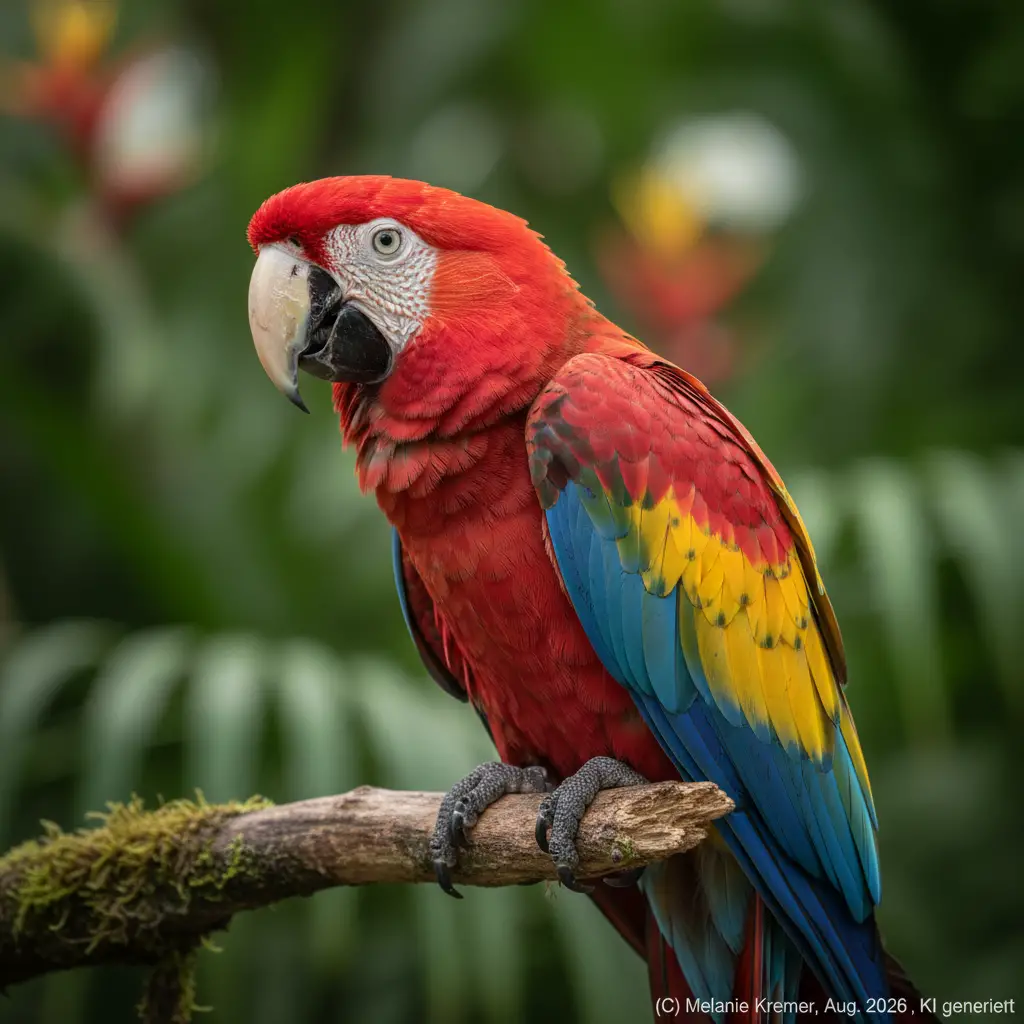 Arara-vermelha em close-up em um galho na folhagem tropical
