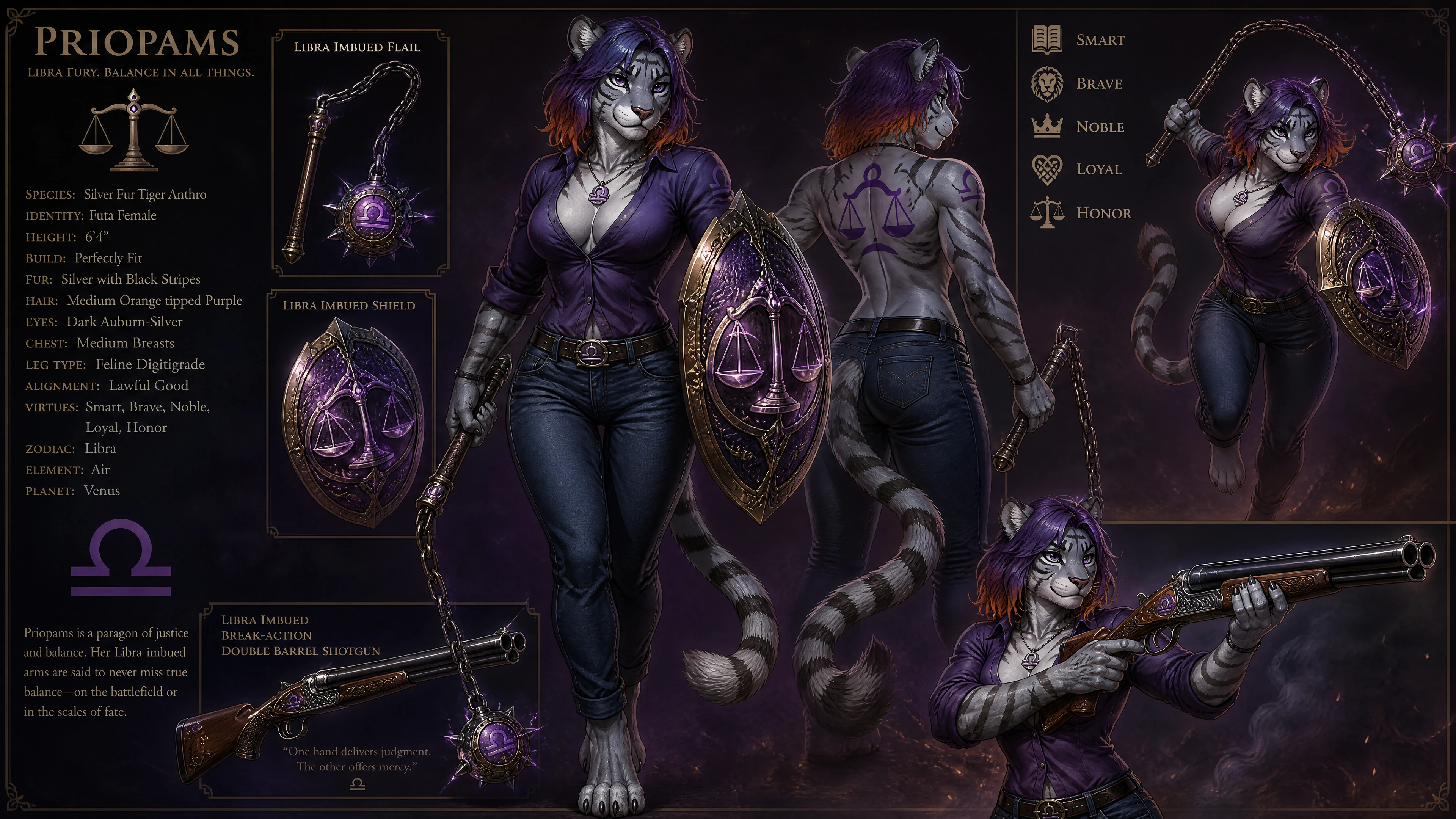 Anthro silver tiger warrior woman with flail and shield