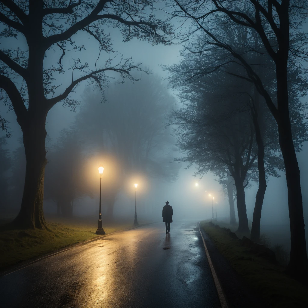 Extraño solitario caminando bajo una farola brillante en la noche