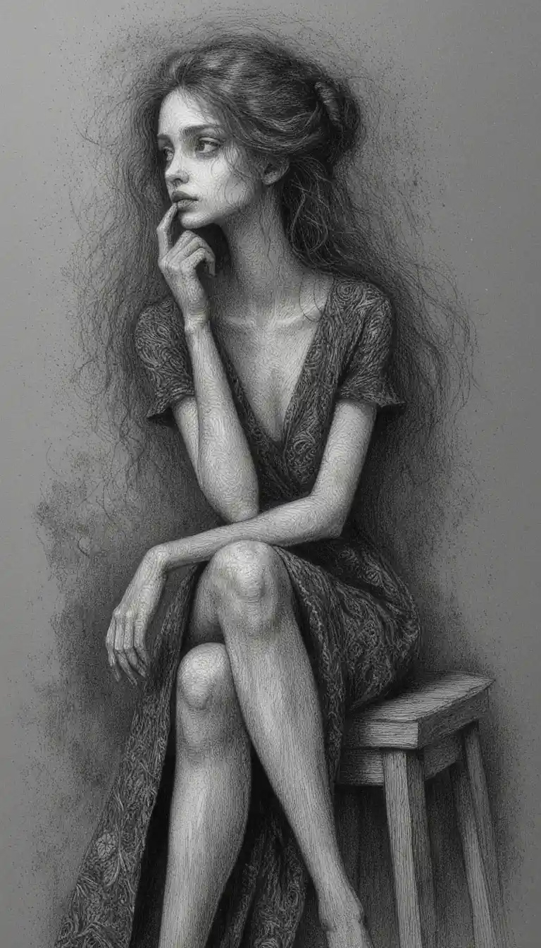 Retrato melancólico a carboncillo de una mujer en un taburete