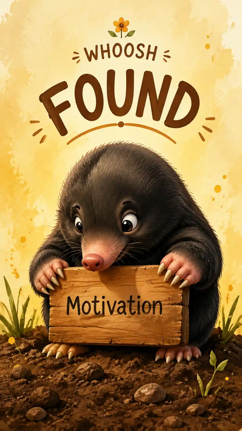 Toupeira fofa segurando uma placa de madeira de motivação sobre a terra