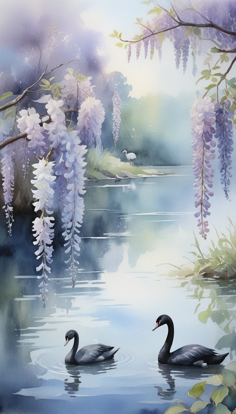 Escena impresionista de lago con gatito y cisnes negros