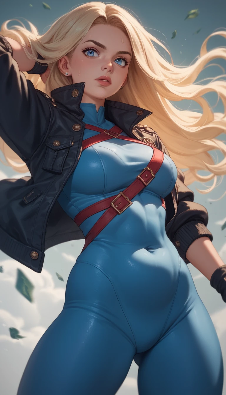 Heroína de anime seductora con ojos azules y cabello rubio