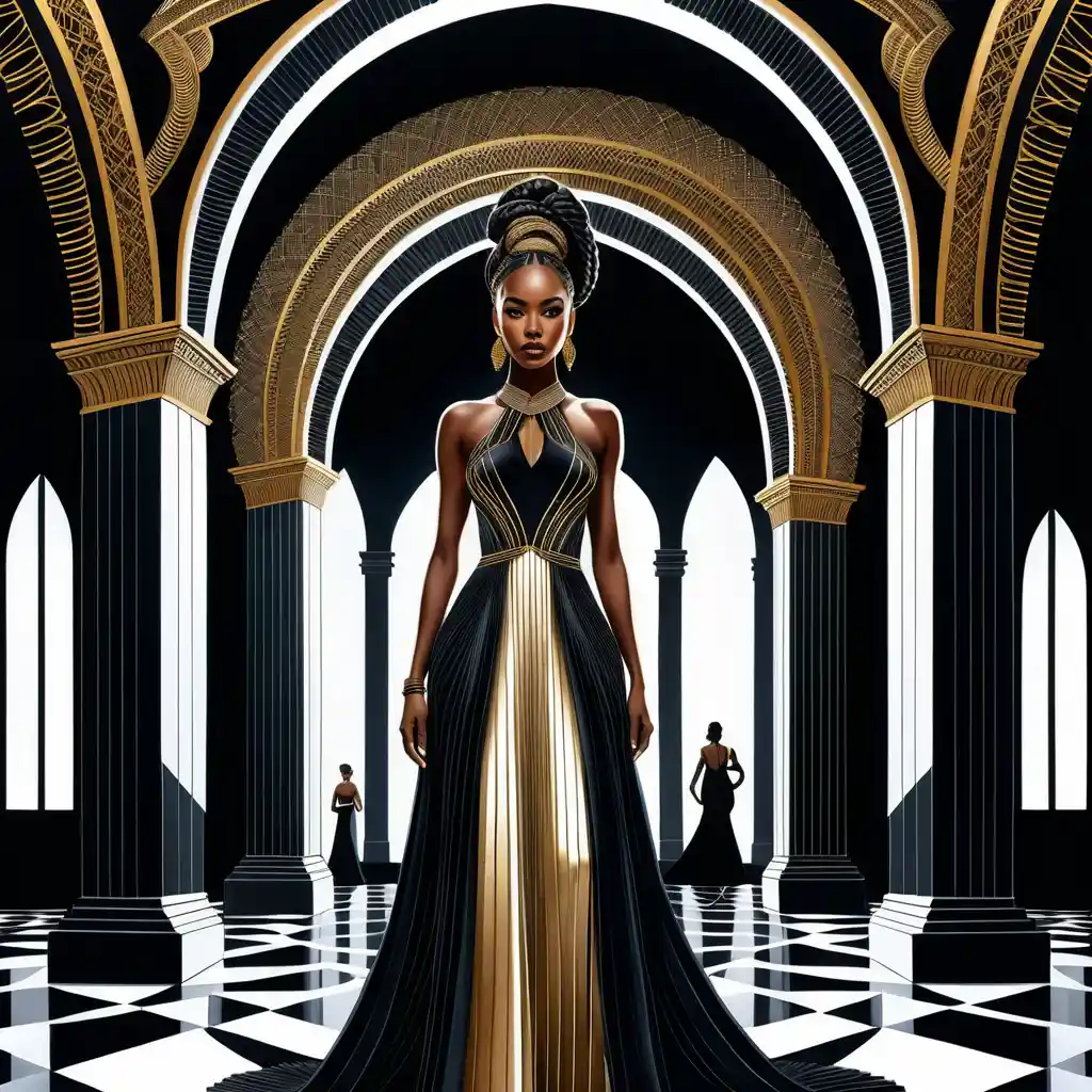Surreal black woman with architectural braids and tiny figures