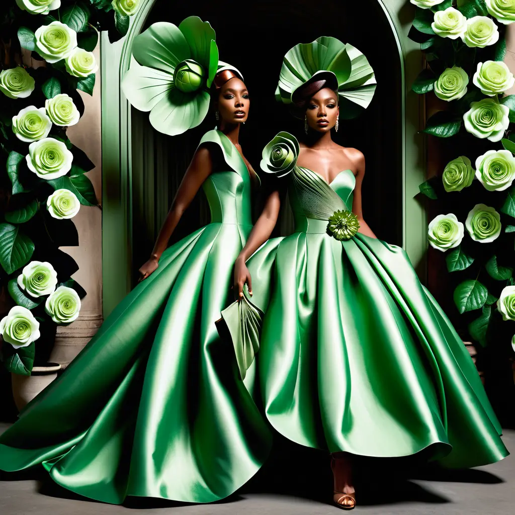 African American women in sculptural floral couture gowns