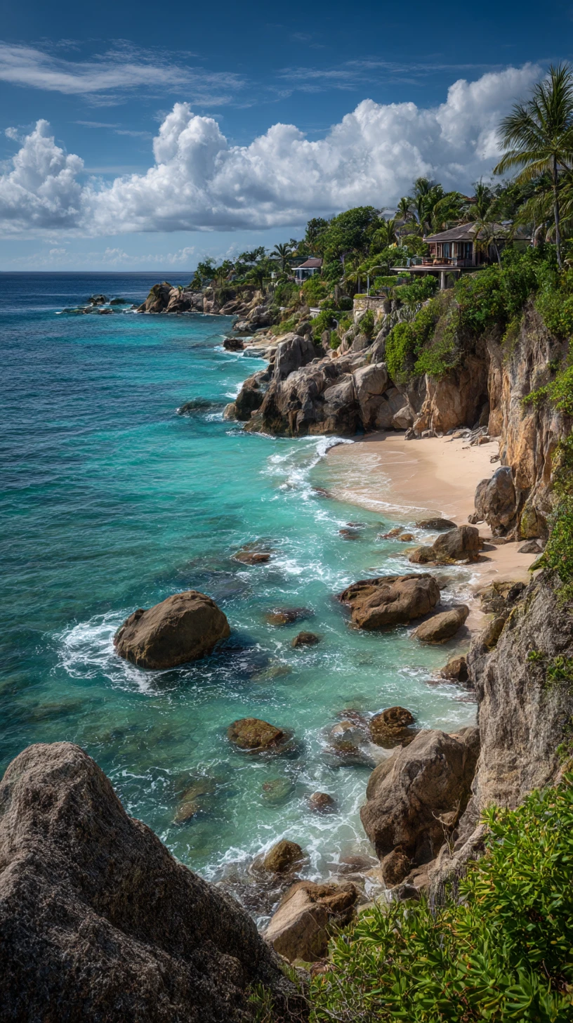 Costa rochosa com praia de areia e mar turquesa