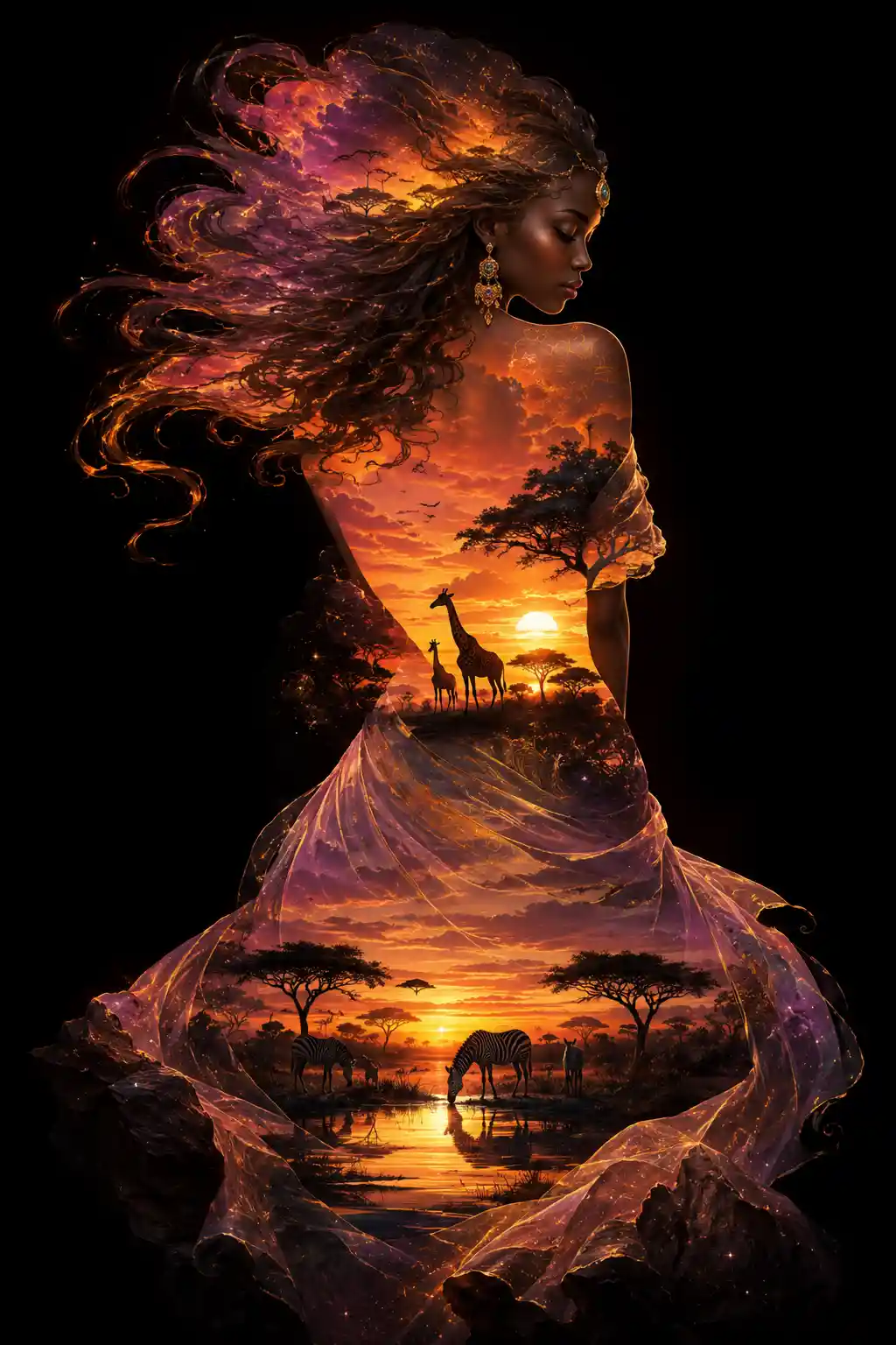 Mulher mística fundindo-se com silhuetas do pôr do sol na Serengeti