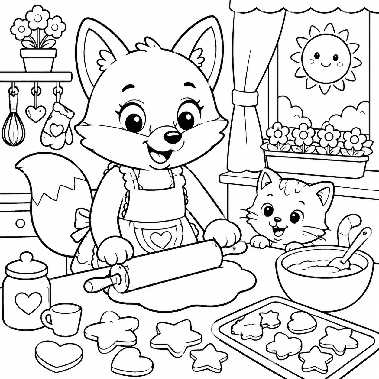 Adorable petit renard qui fait des biscuits dans une cuisine chaleureuse