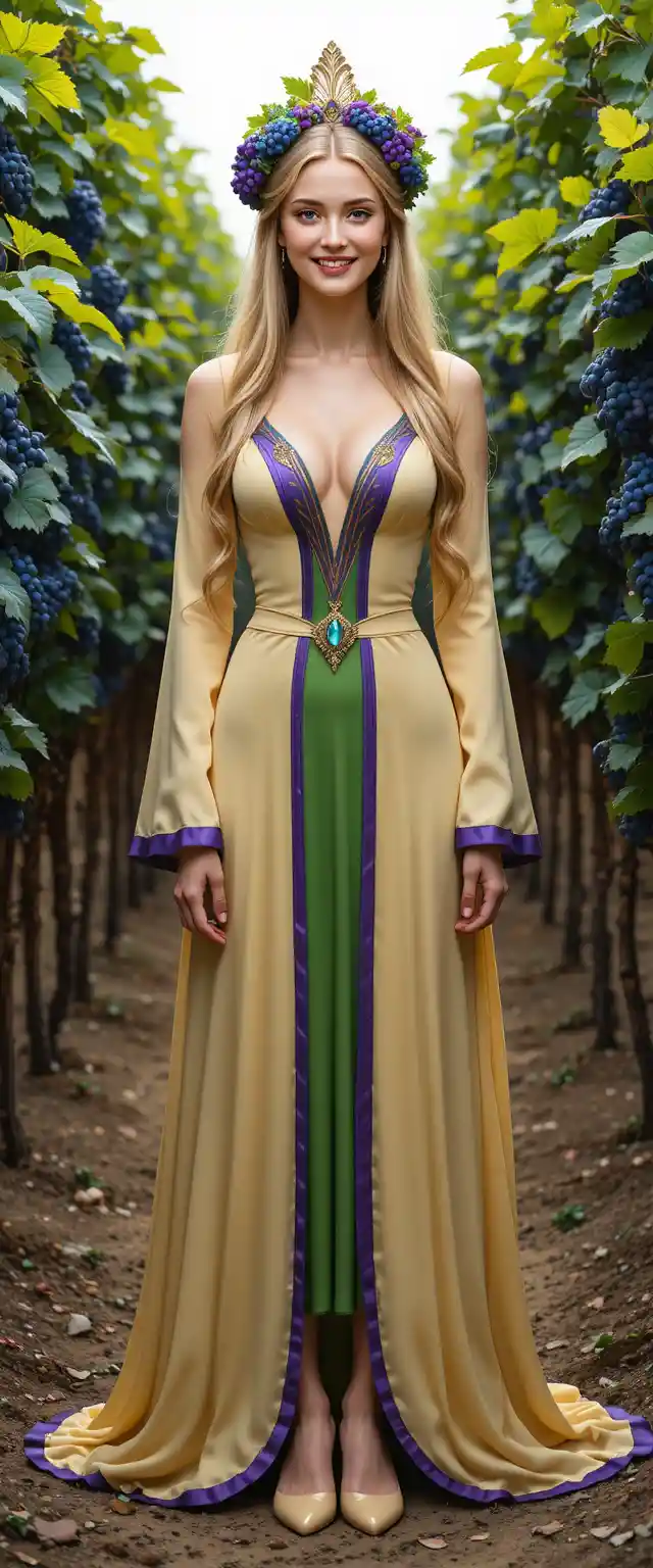Déesse joyeuse de la vigne en longue robe fluide verte et violette