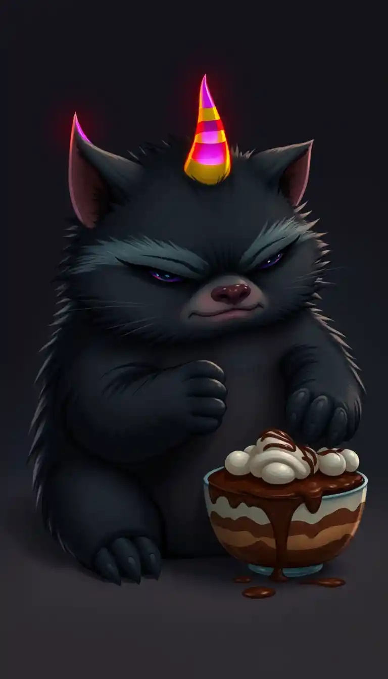 Chubby fantasy creature guarding a messy tiramisu bowl