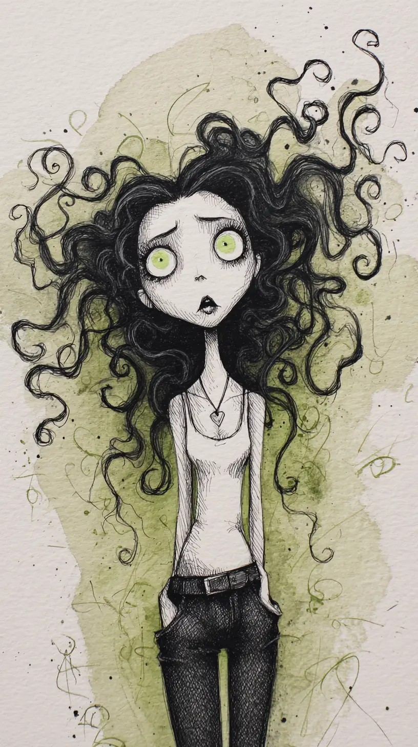 Retrato gótico de corpo inteiro de uma mulher pálida com cabelo selvagem