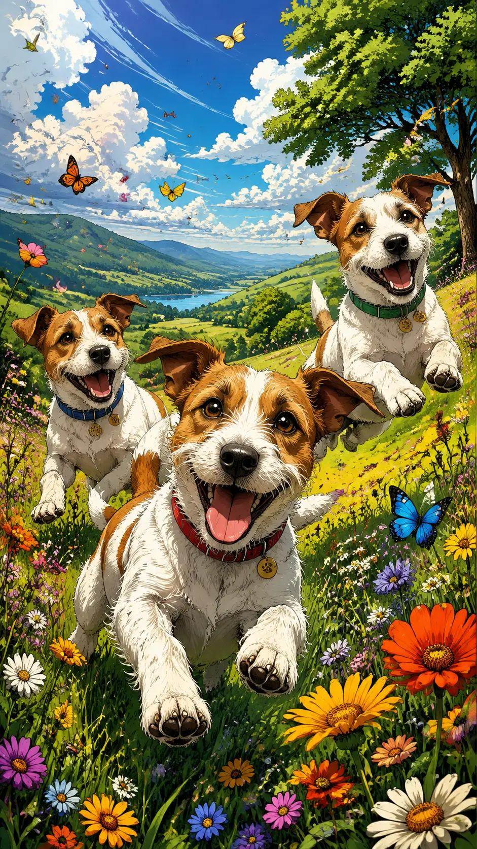 Jack Russell terriers brincalhões em um prado florido ensolarado