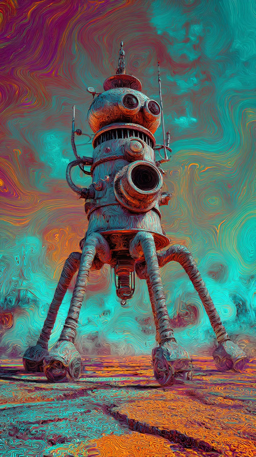 Batalha surreal entre homem e máquina em um espaço abstrato