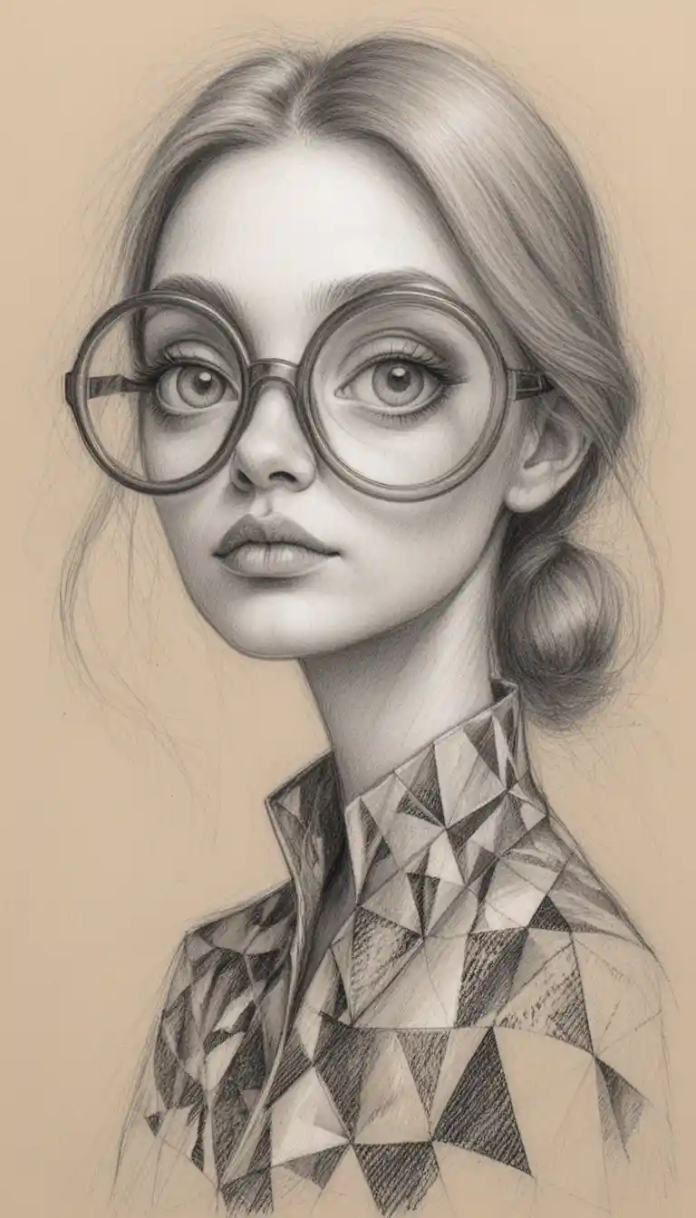 Retrato estilizado a lápiz de una chica con gafas redondas extragrandes