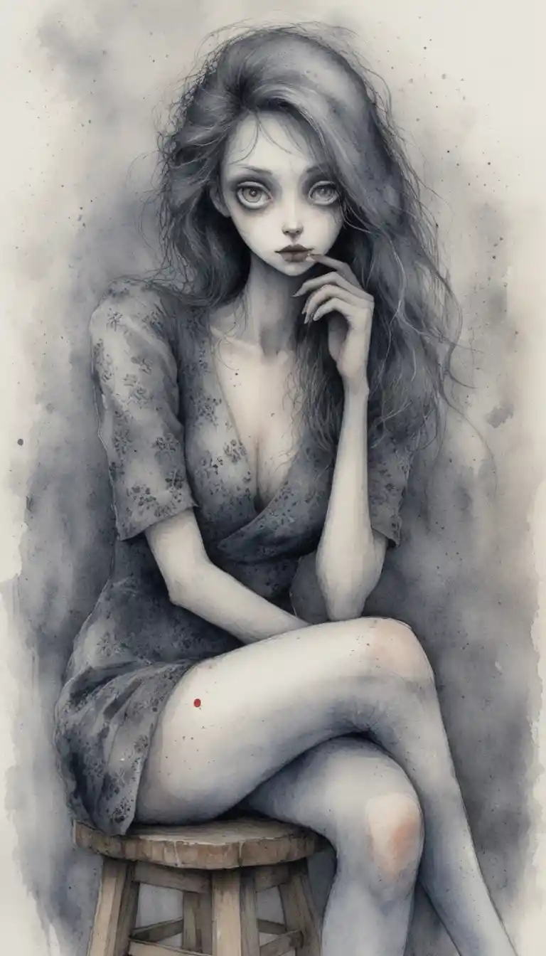 Portrait mélancolique au fusain d’une femme sur un tabouret en bois