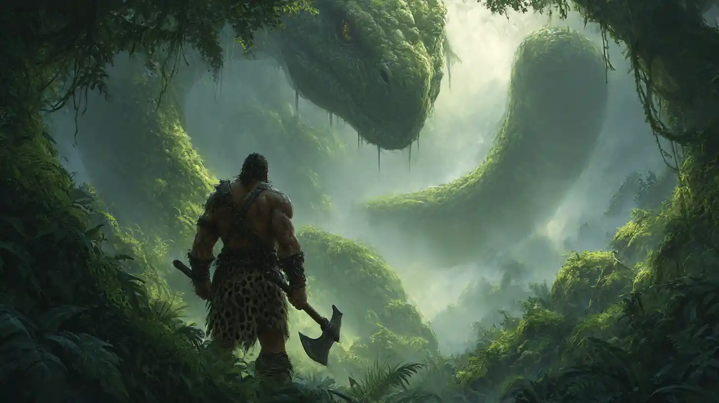 Barbarian Confronts Giant Serpent In Steamy Jungle