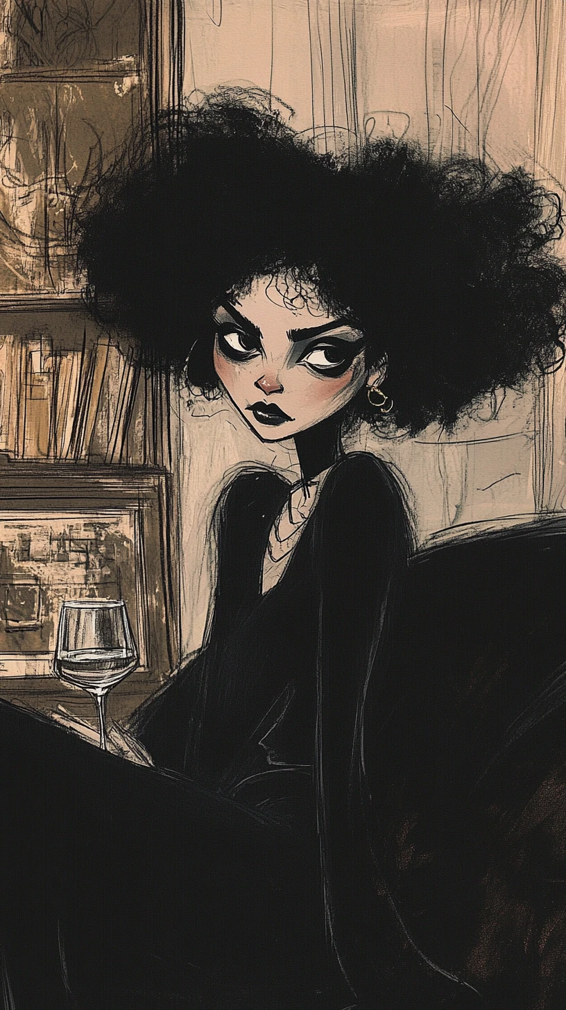 Mujer negra relajada en sofá en ilustración melancólica a tinta