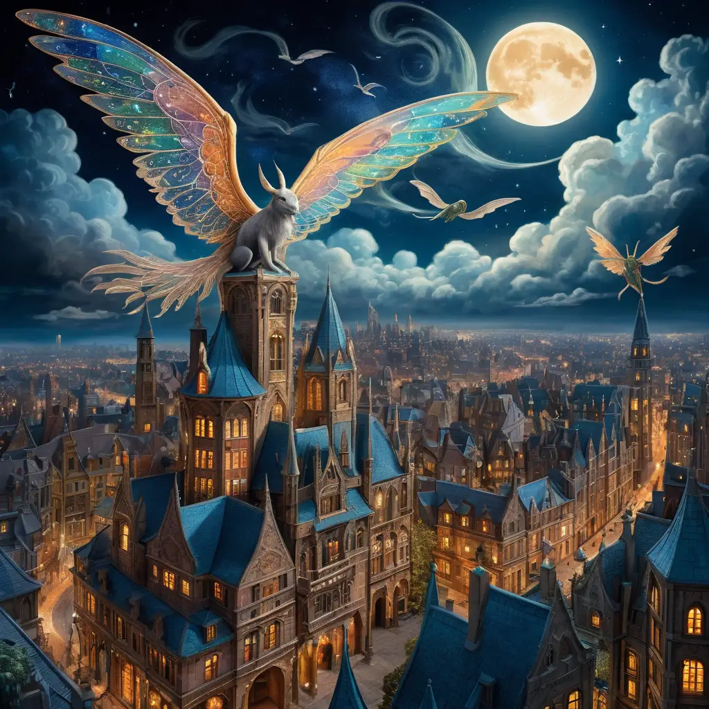 Cidade Fantástica Surreal com Criaturas Aladas sob um Céu Estrelado