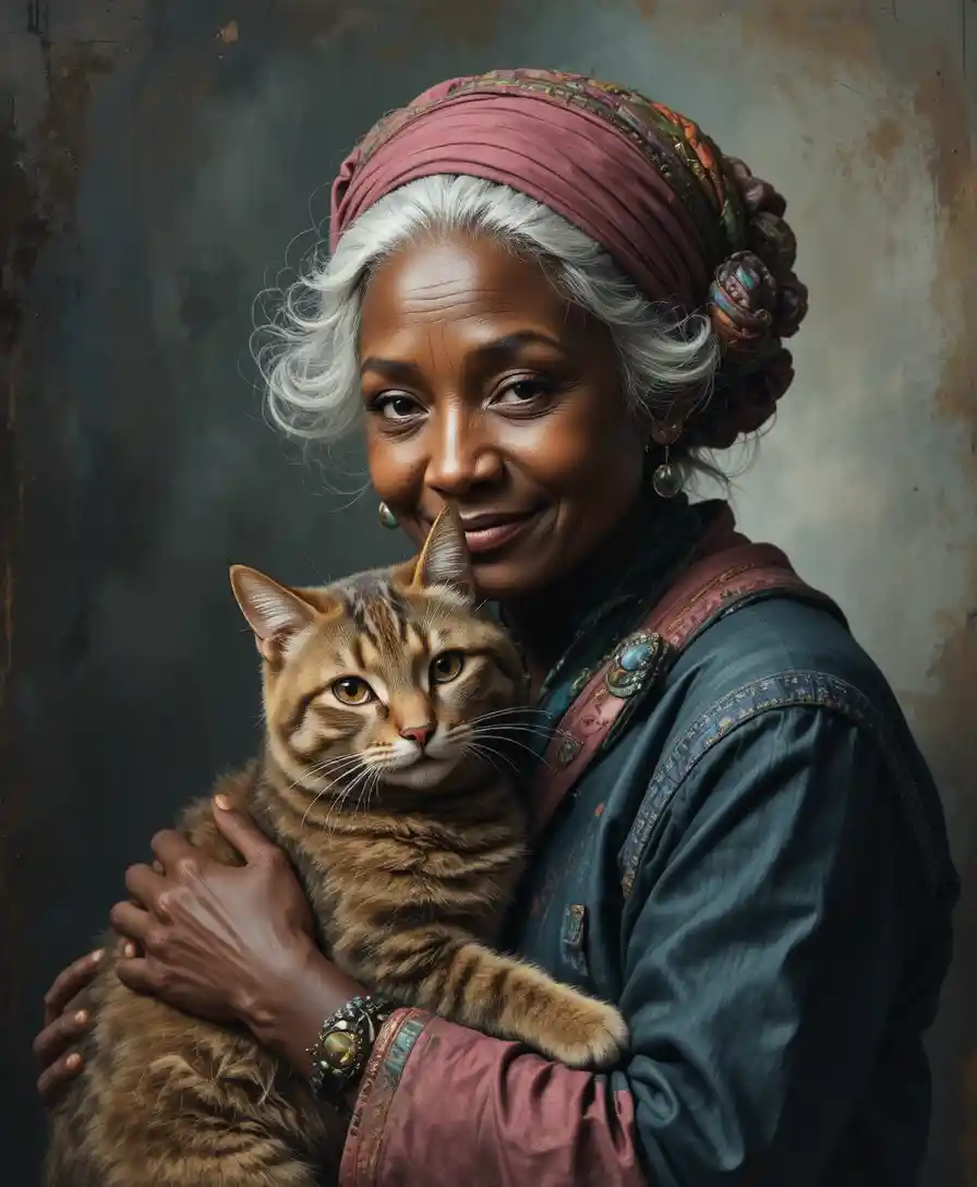 Femme âgée au sourire timide serrant un chat ébouriffé dans ses bras