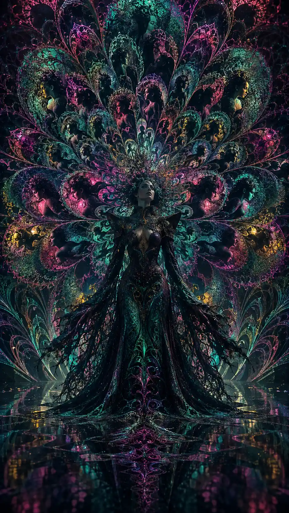 Geheimnisvolle Frau vor einer leuchtenden rekursiven Blumenillusion