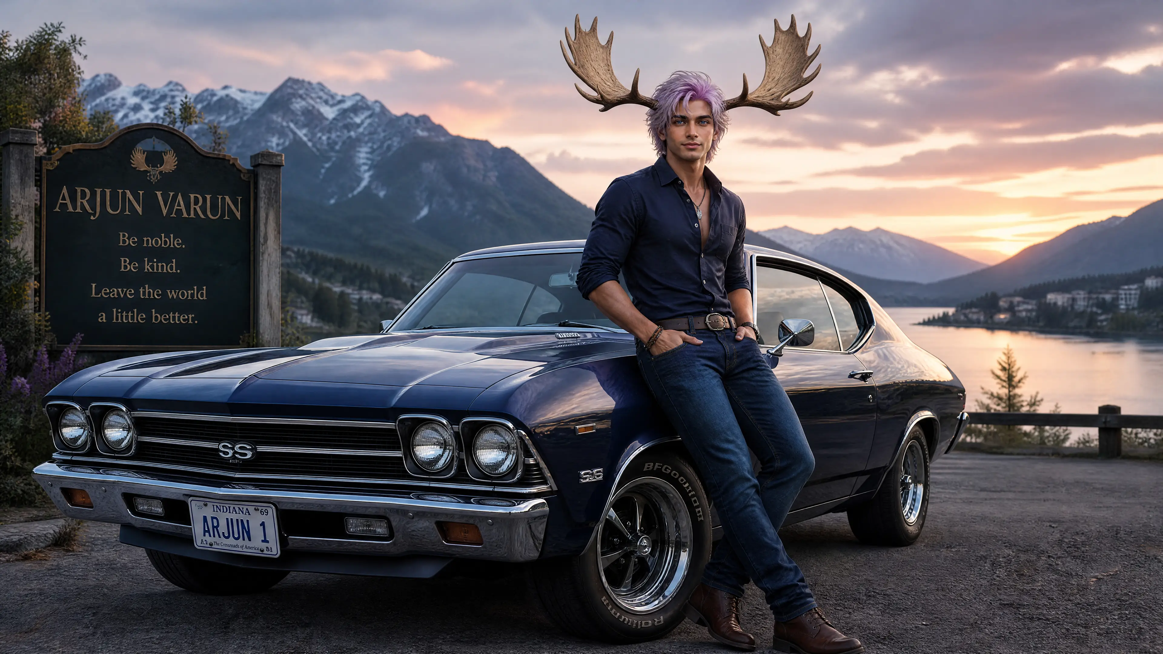 Indian man with moose antlers driving a muscle car