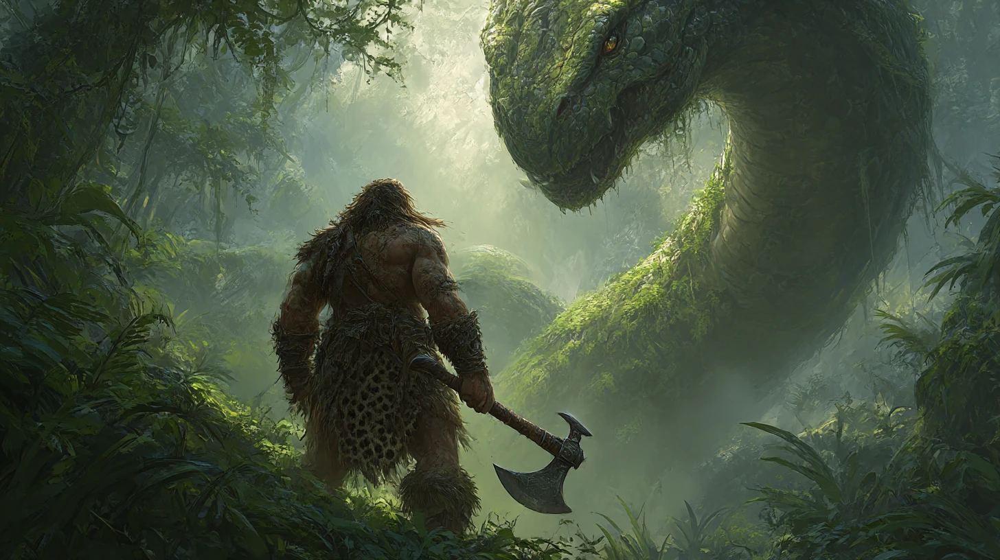 Bárbaro Frente a Serpiente Gigante en un Sofocante Duelo en la Jungla