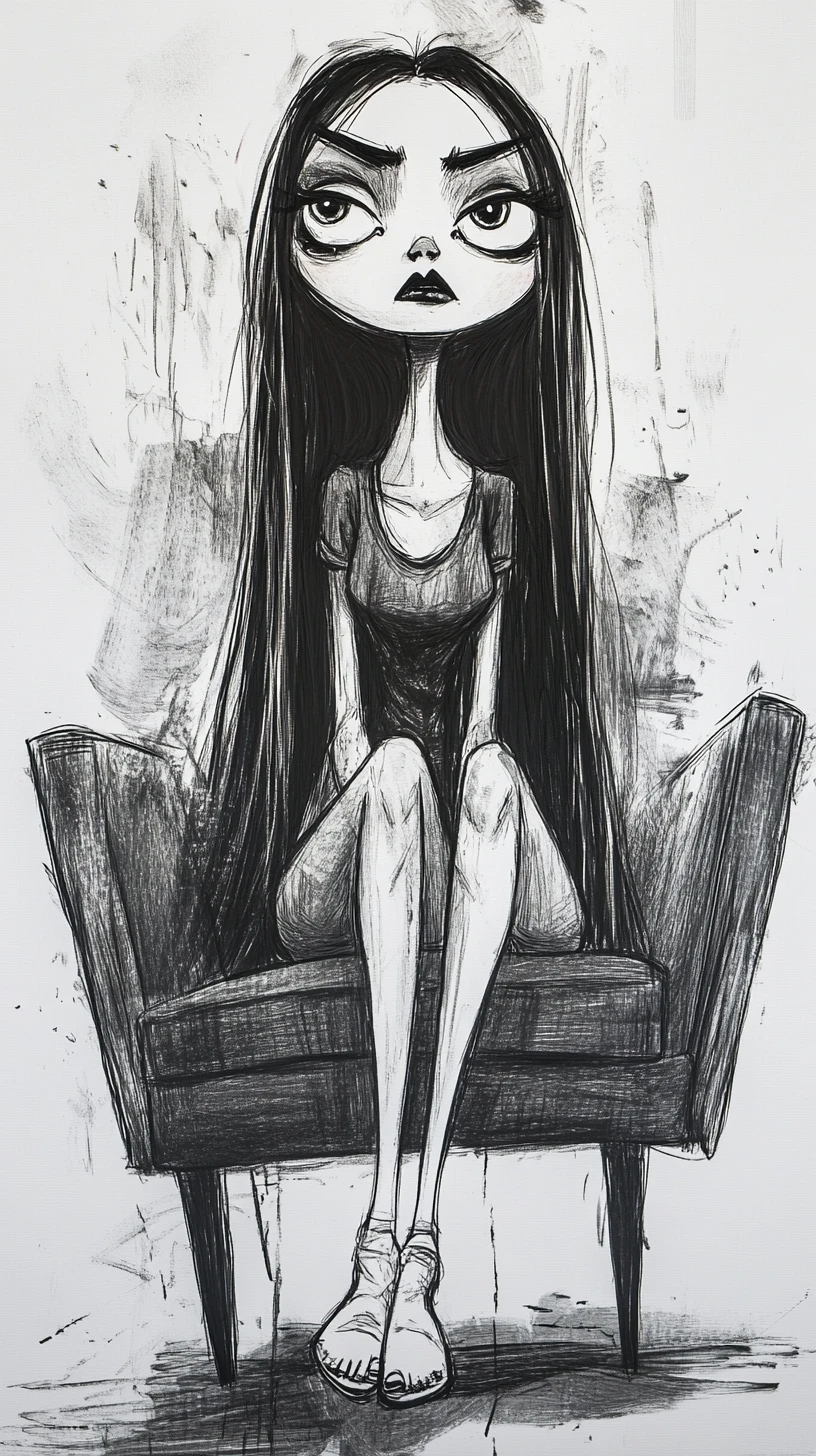 Ilustración melancólica a tinta de una mujer en un sillón moderno