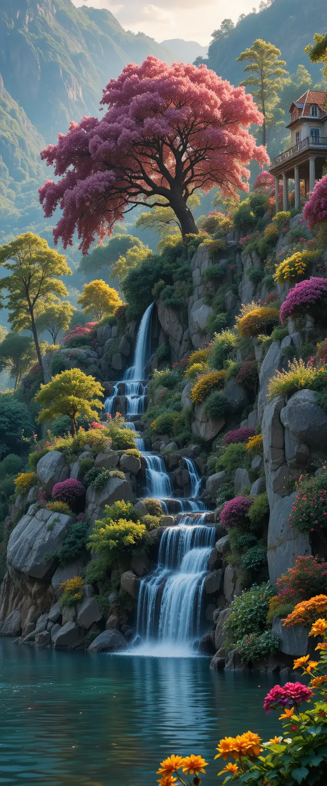 Jardim em terraços à beira do lago com árvore de flores rosas e cascatas