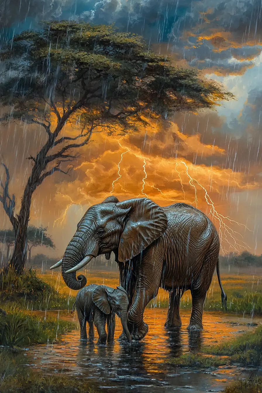Elefante e filhote em savana chuvosa e tempestuosa