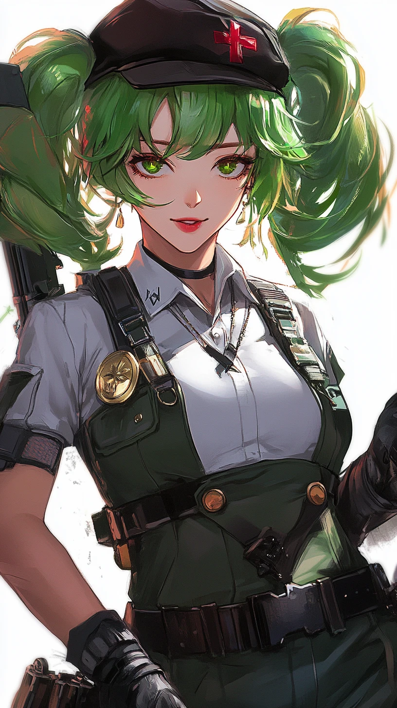 Chica de anime de cabello verde con uniforme de estrellas al atardecer