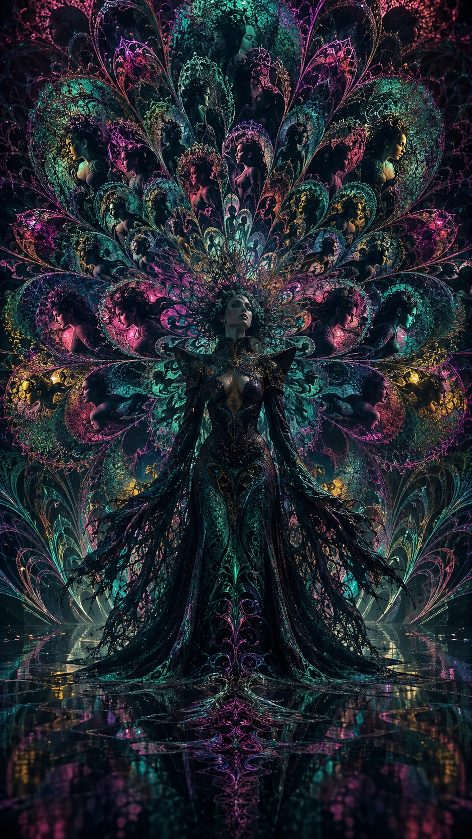 Geheimnisvolle Frau vor einer leuchtenden rekursiven Blumenillusion