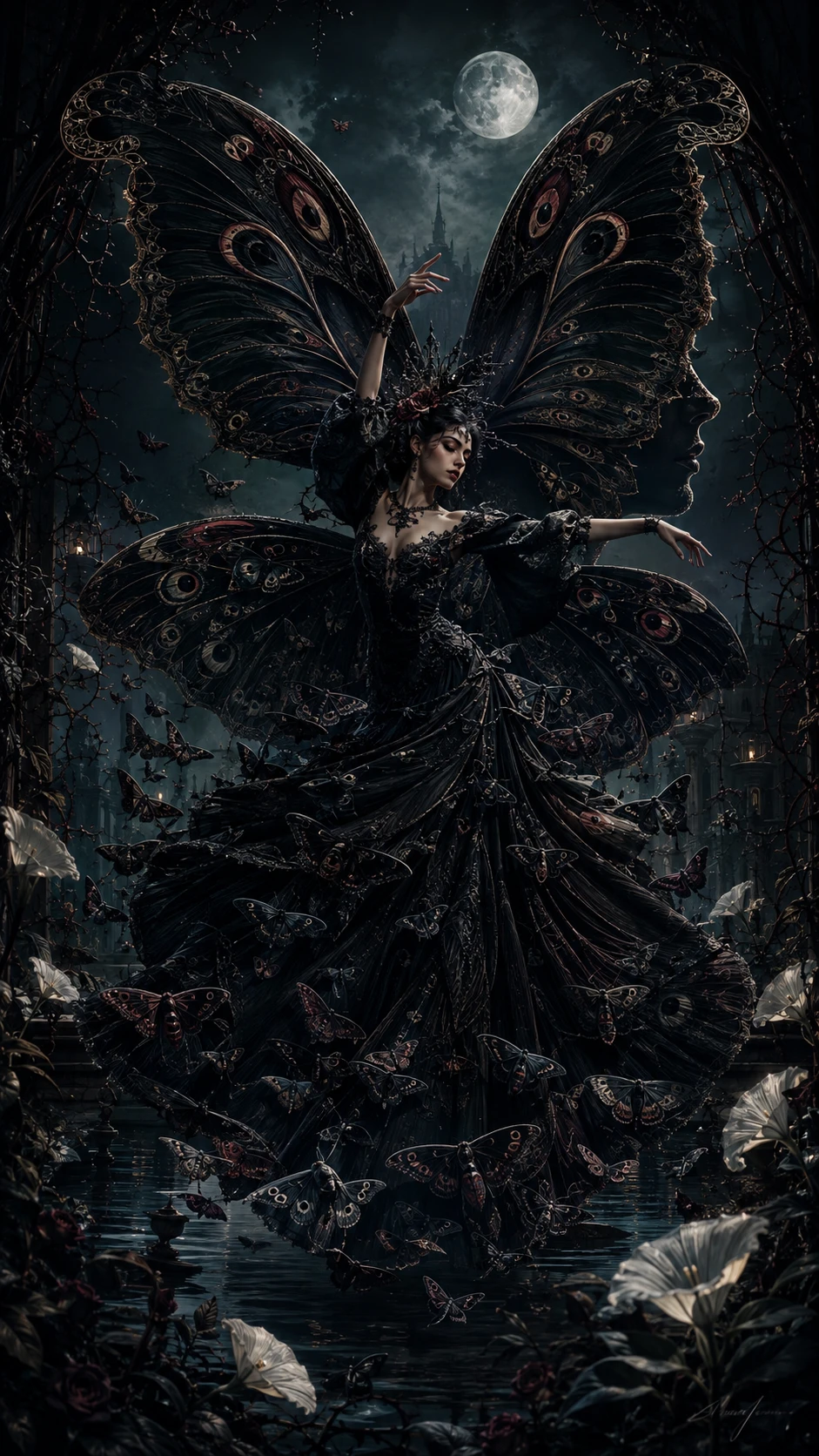 Danseuse aux Ailes de Phalène dans un Jardin Gothique au Clair de Lune