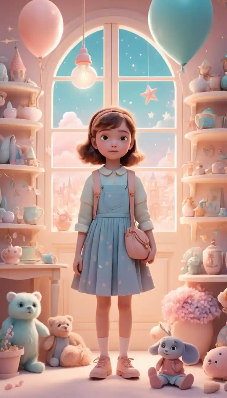 Whimsical pastel girl in stylish playful cartoon illustration