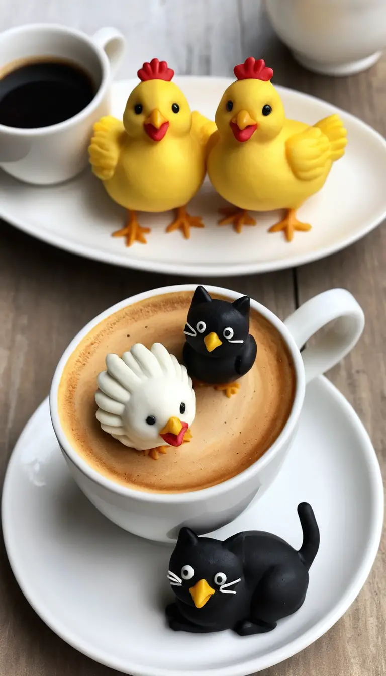 Chat noir près d’un café et de gâteaux en forme de poule sur une soucoupe