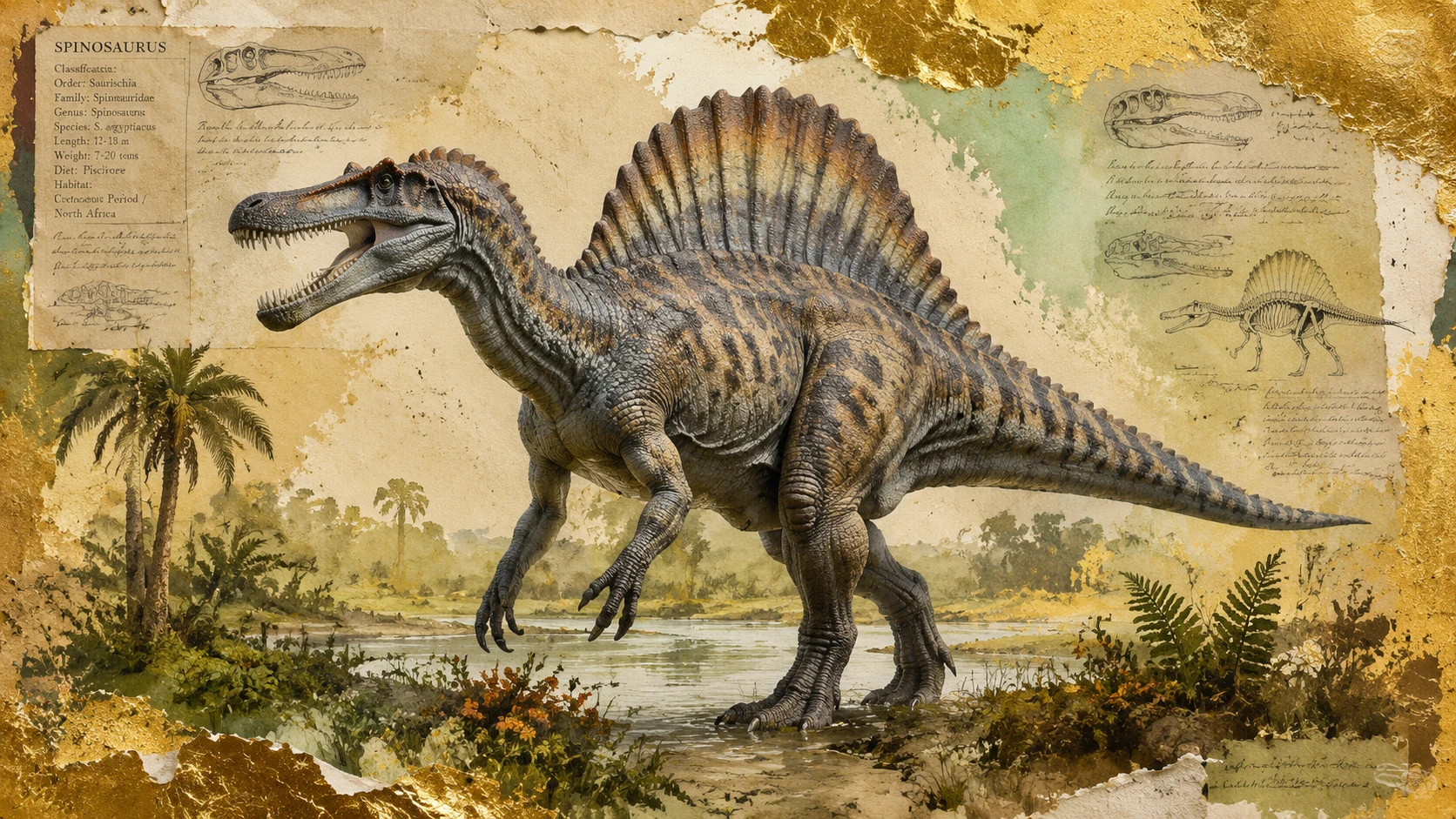 Full body spinosaurus in a lush prehistoric landscape