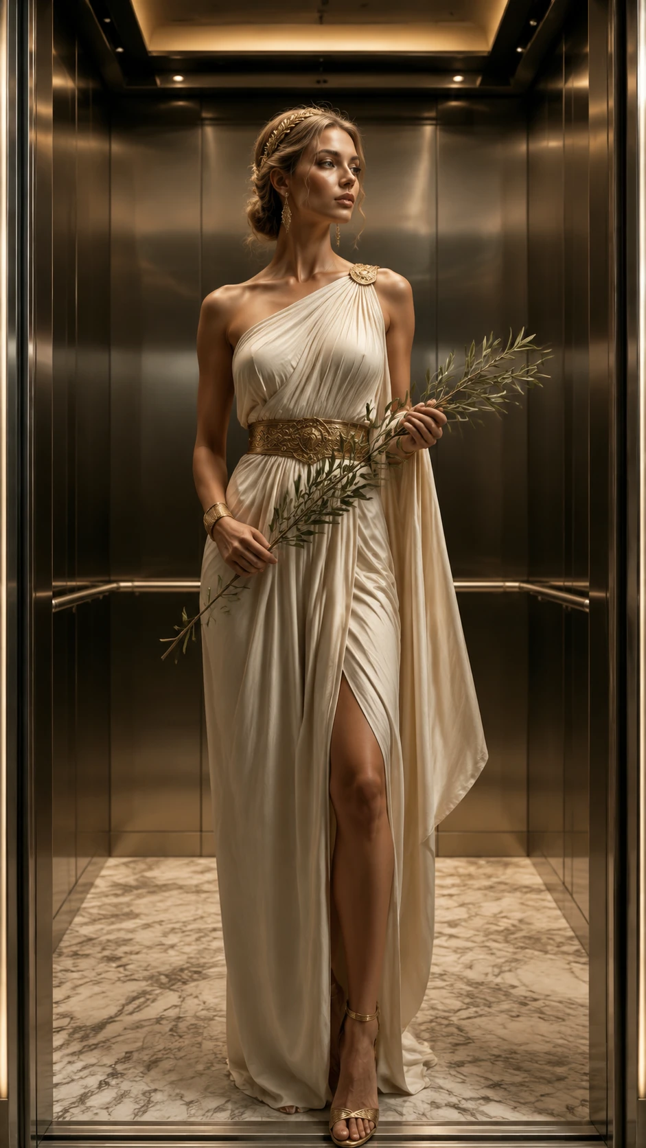 Fashion model as greek goddess in luxury elevator