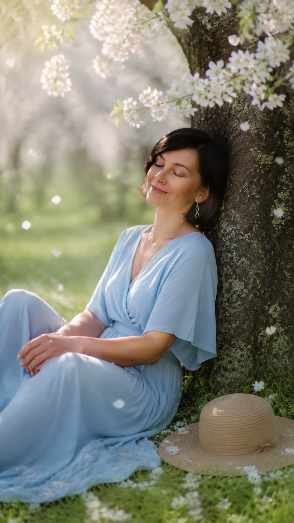 Young woman resting by a white blossom tree