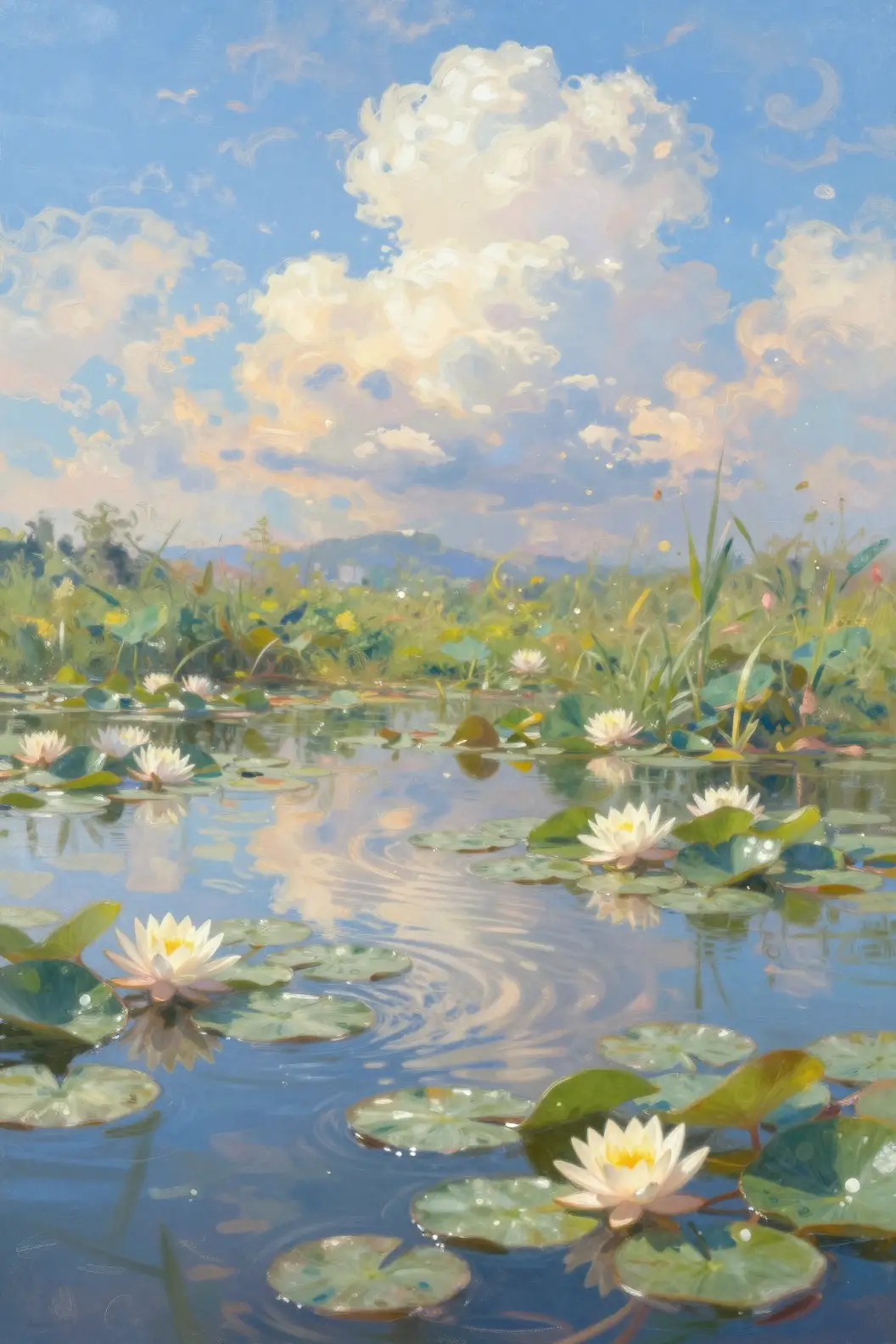 Sunlit pond with water lilies in a dreamy scene
