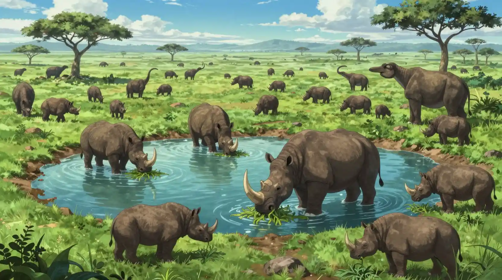 Prehistoric beasts gather at a vast green savannah waterhole
