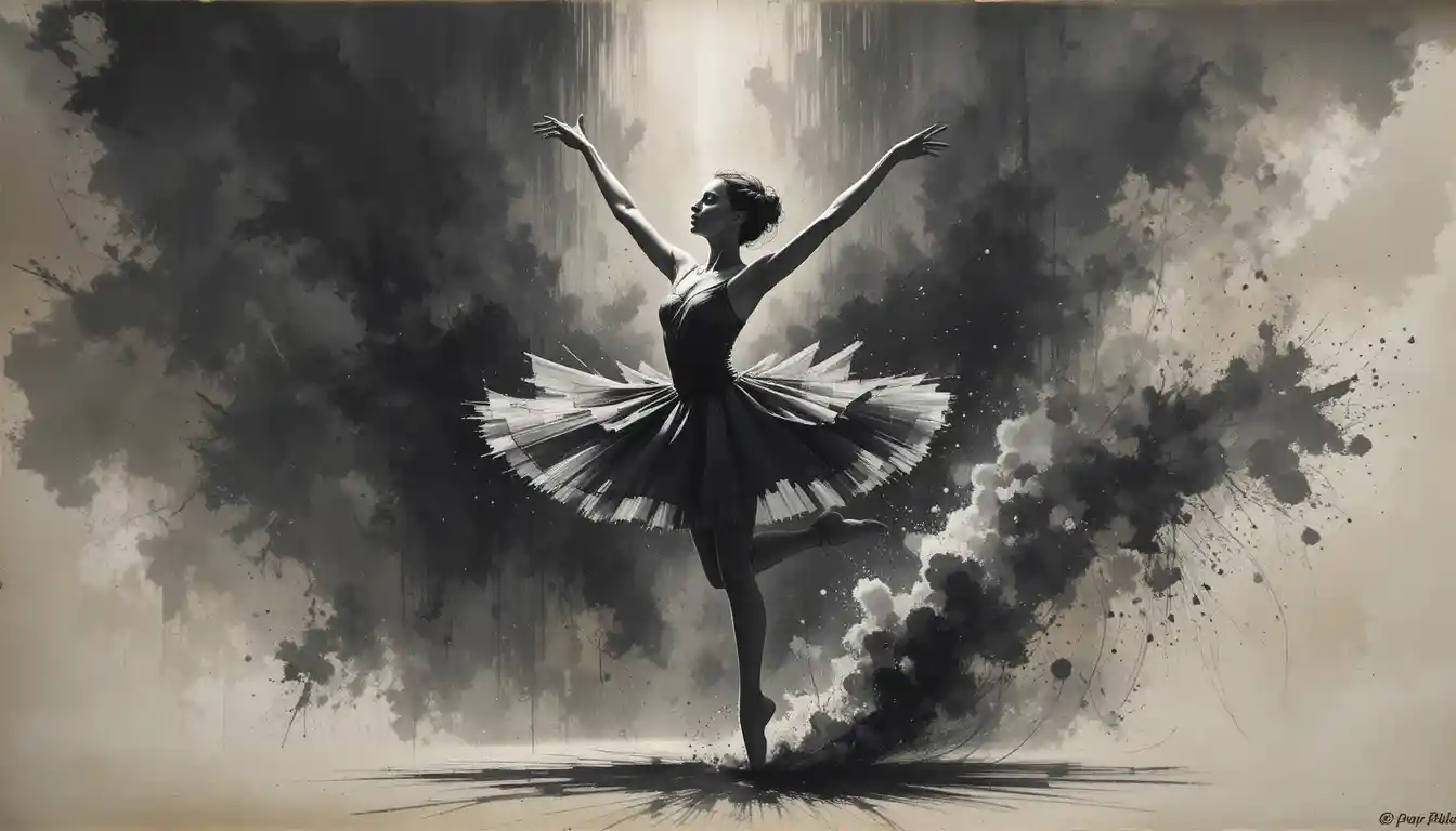 Croquis au fusain d’une ballerine en plein saut sous un projecteur intense