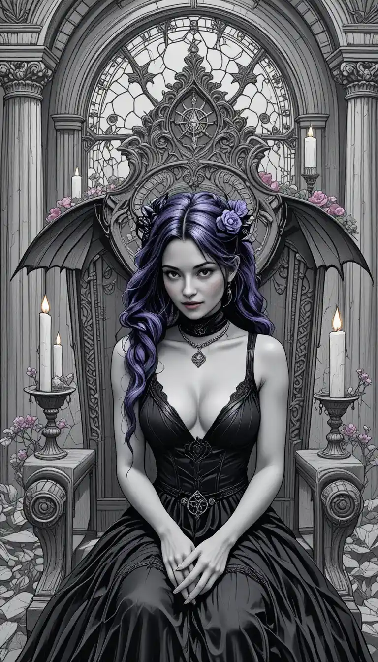 Purple haired vampire woman on a throne by candlelight