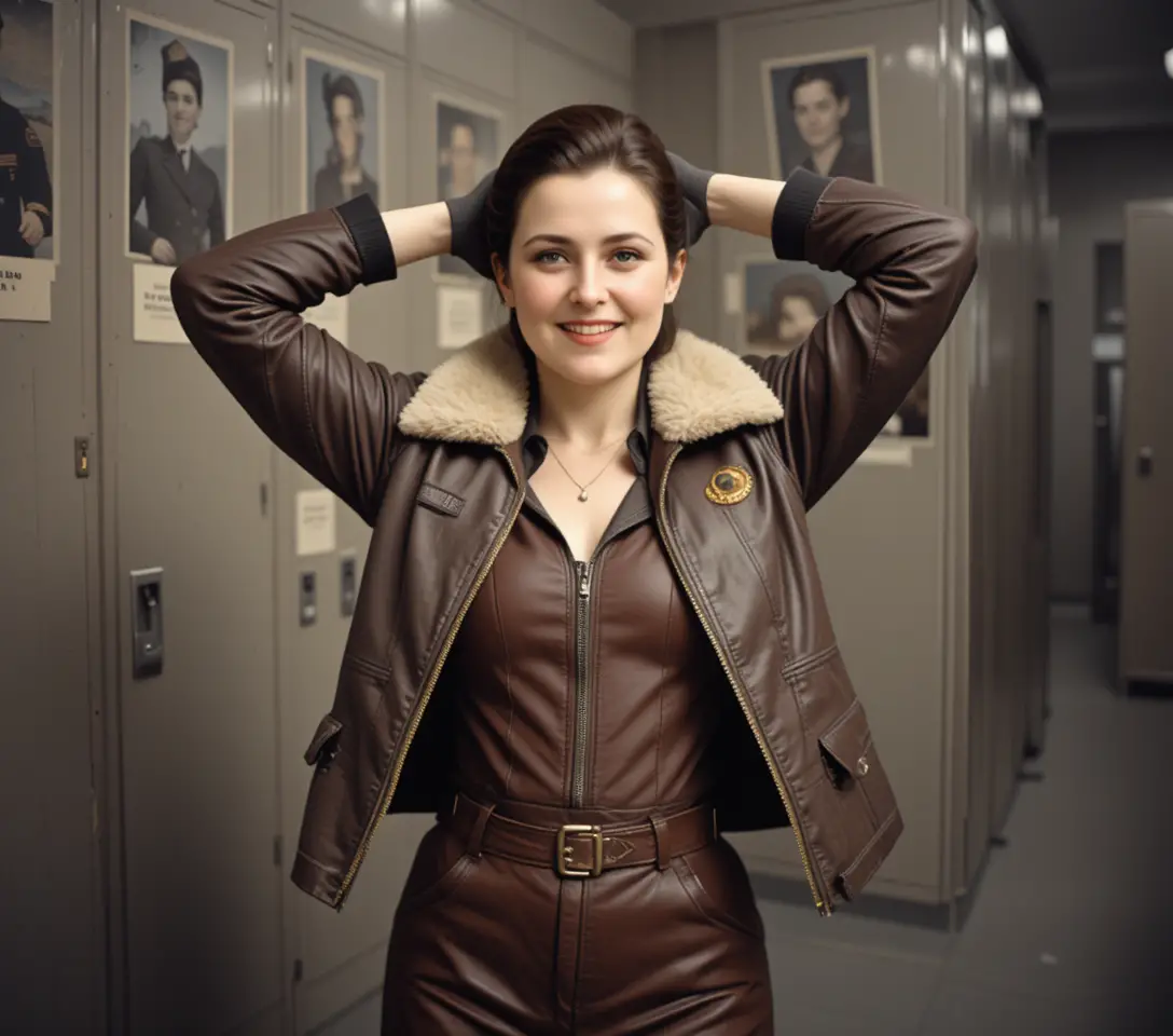 Femme en blouson aviateur ouvert posant les bras croisés