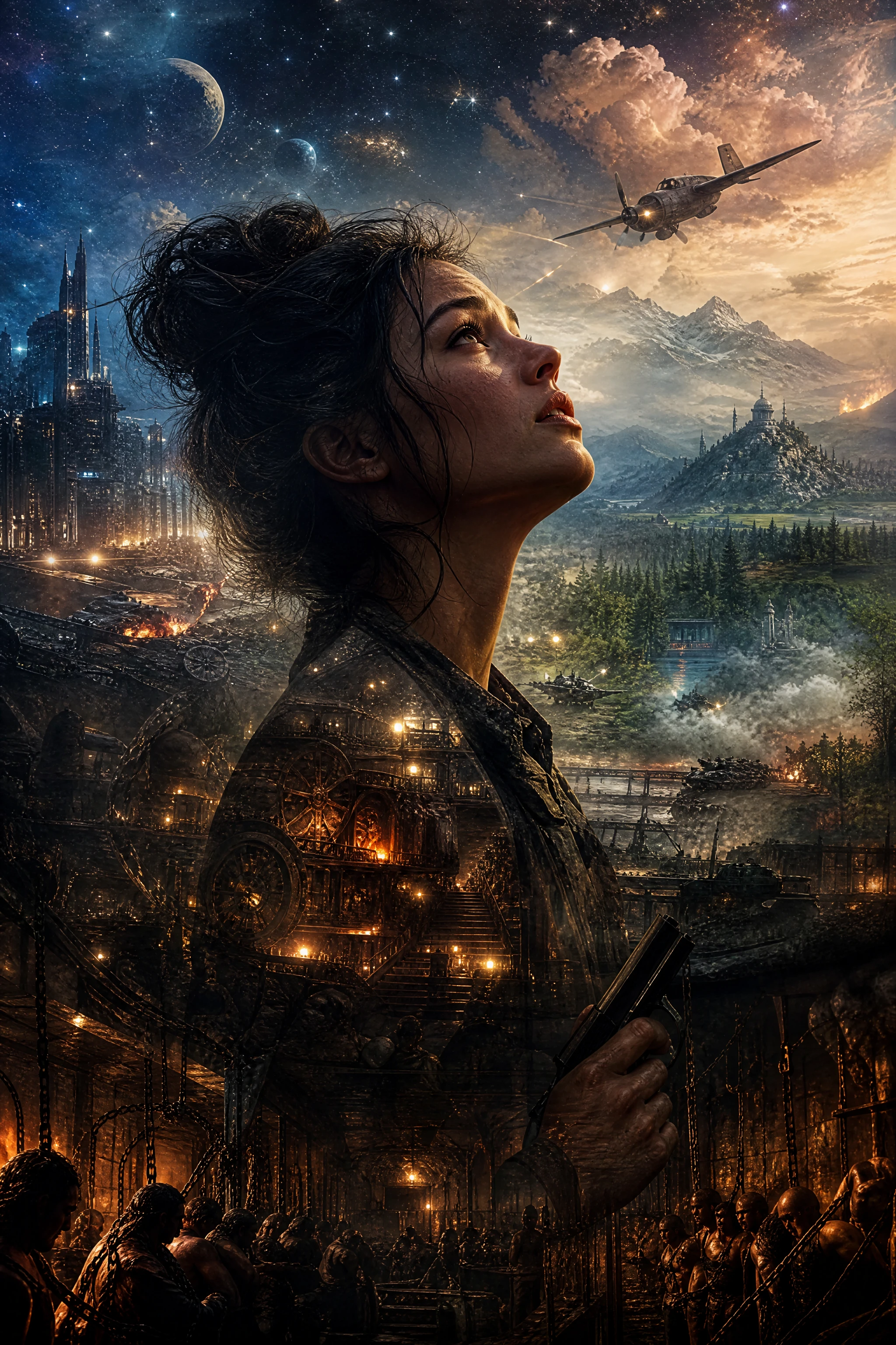 Jeune femme au regard troublé sous un ciel de science‑fiction lointain