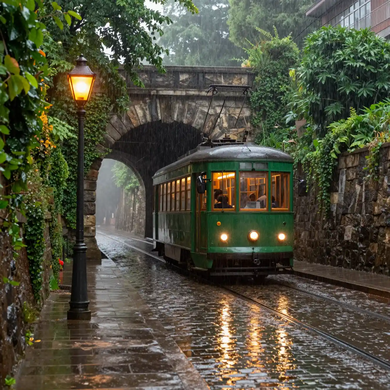 Vintage-grüne Straßenbahn verlässt bei Nacht einen regennassen Steintunnel