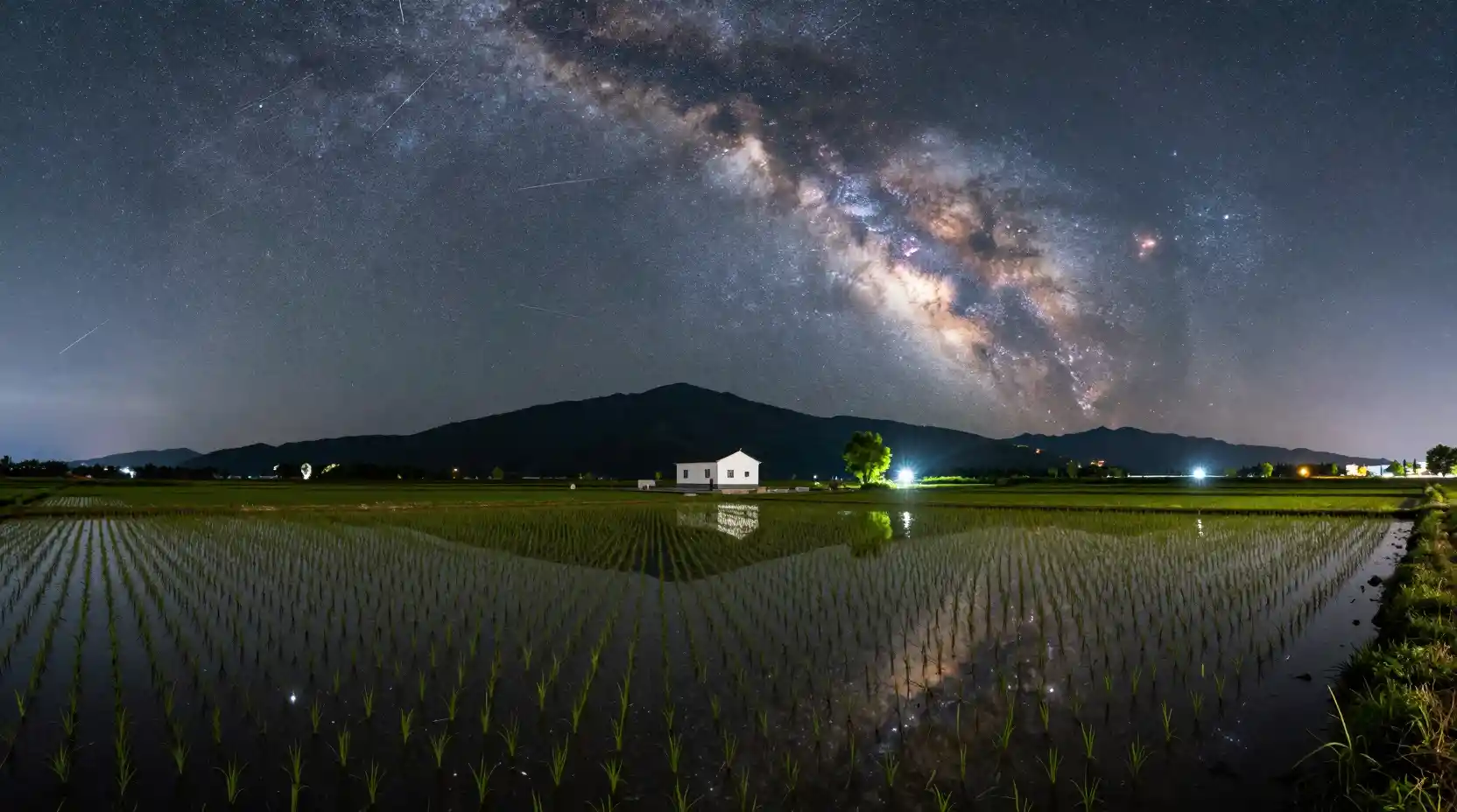 星空の下に広がる水田と遠くの山々