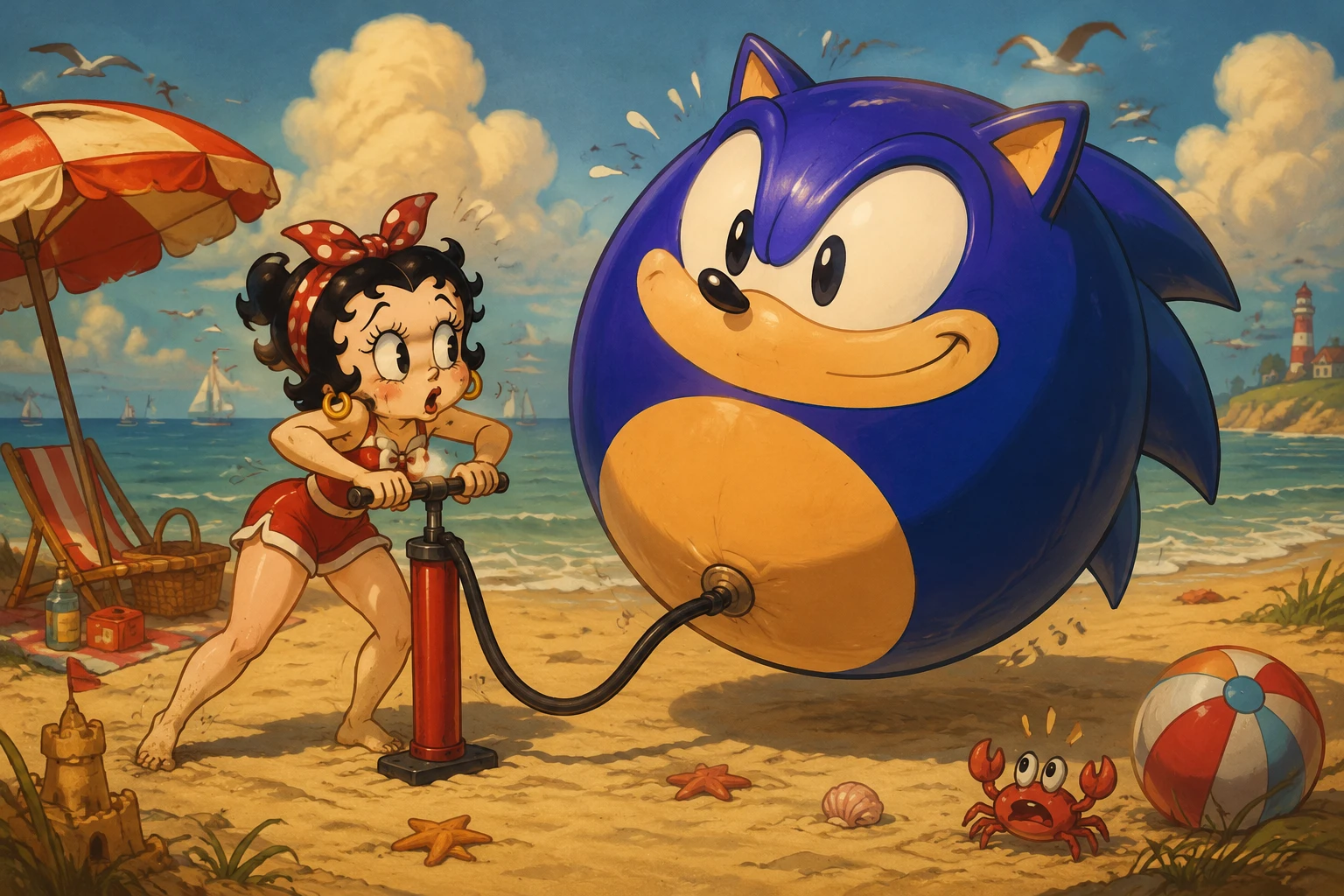 Whimsical girl inflating a giant balloon at the beach