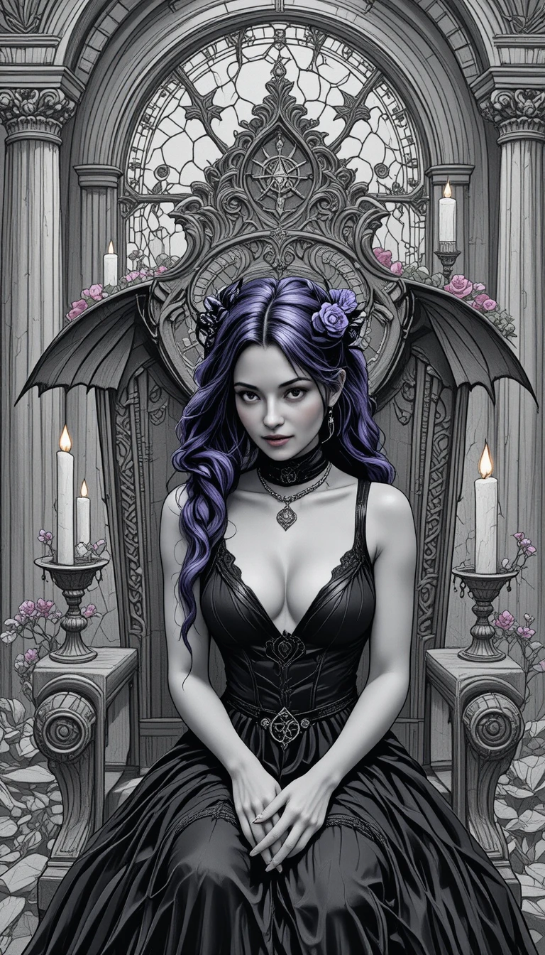 Vampire aux cheveux violets sur un trône à la lueur des bougies