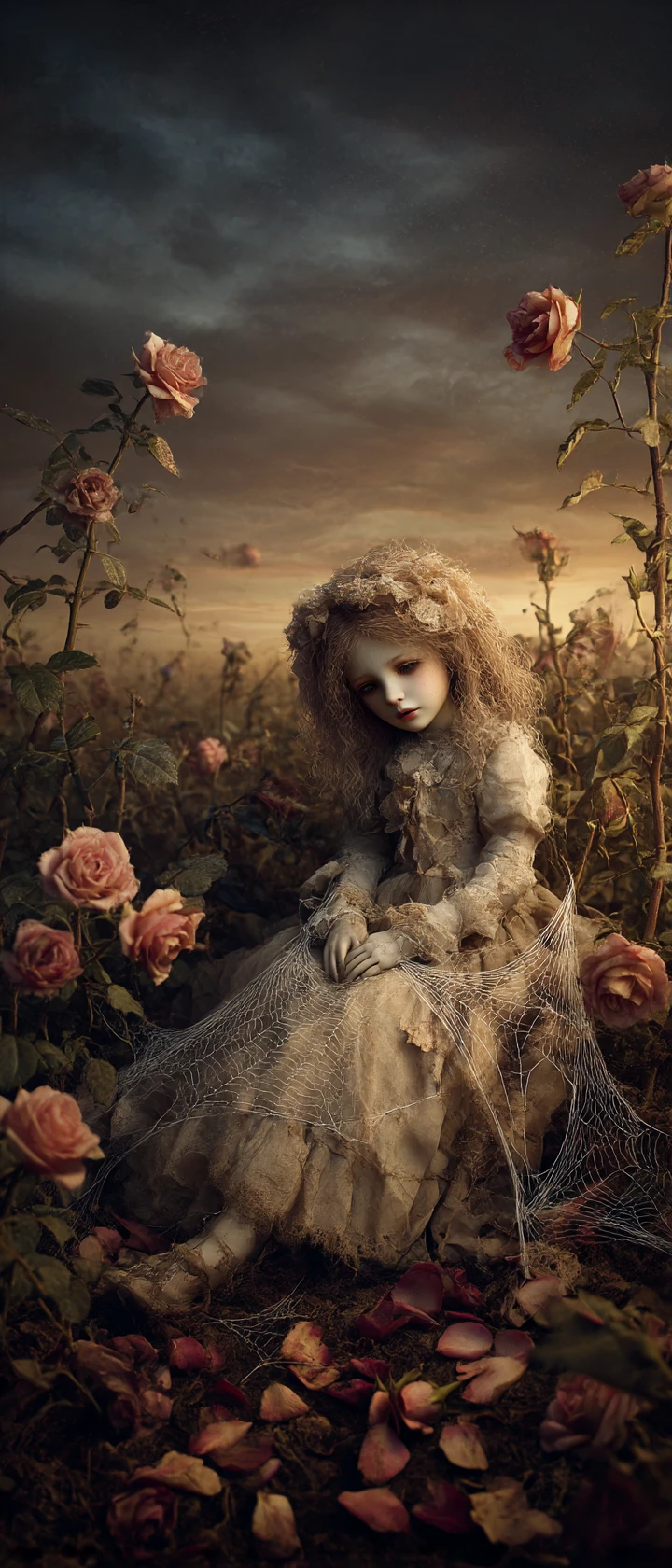 Cracked porcelain doll in wilting rose field at twilight