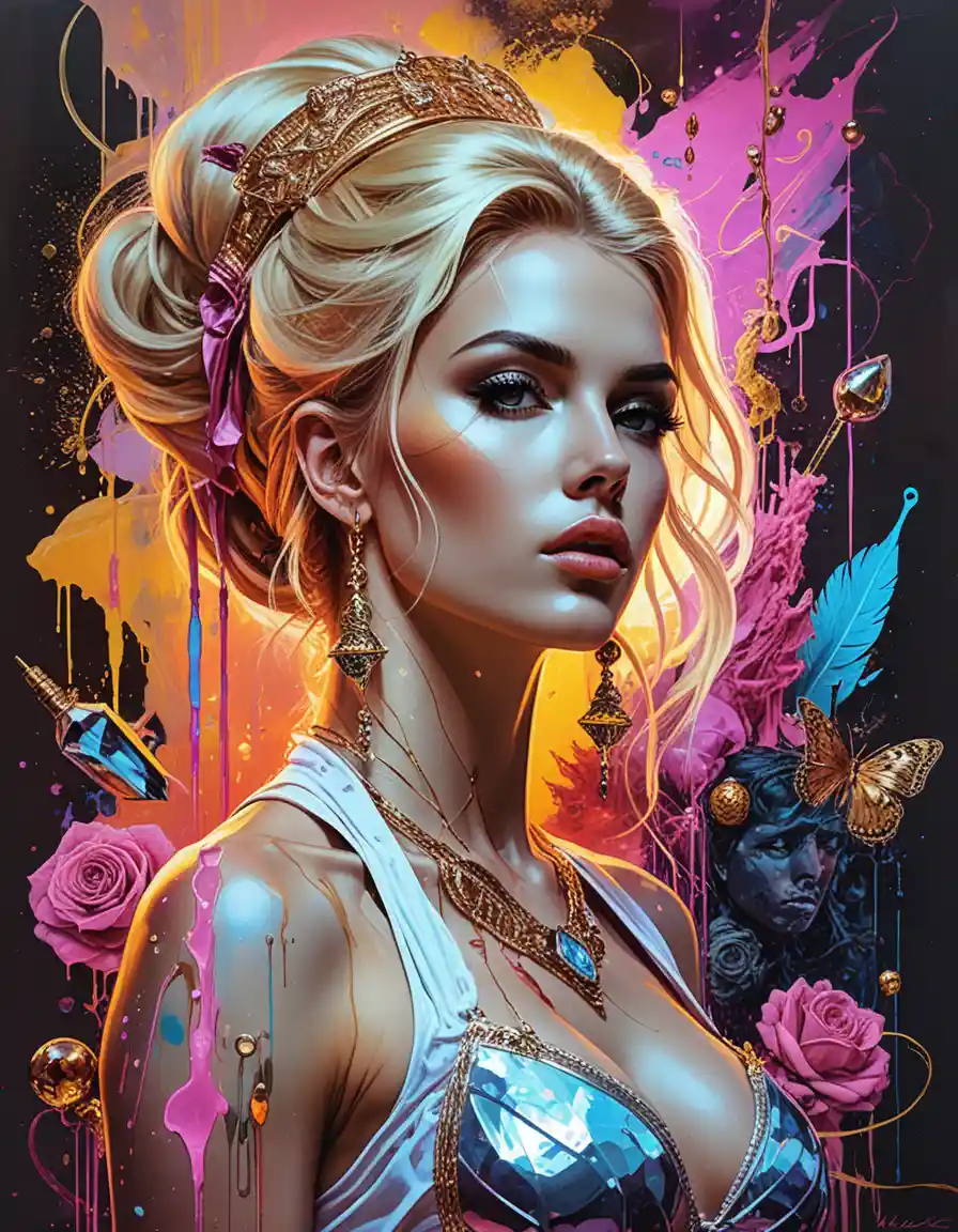 Femme blonde bronzée de fantasy dans une opulence occulte néon