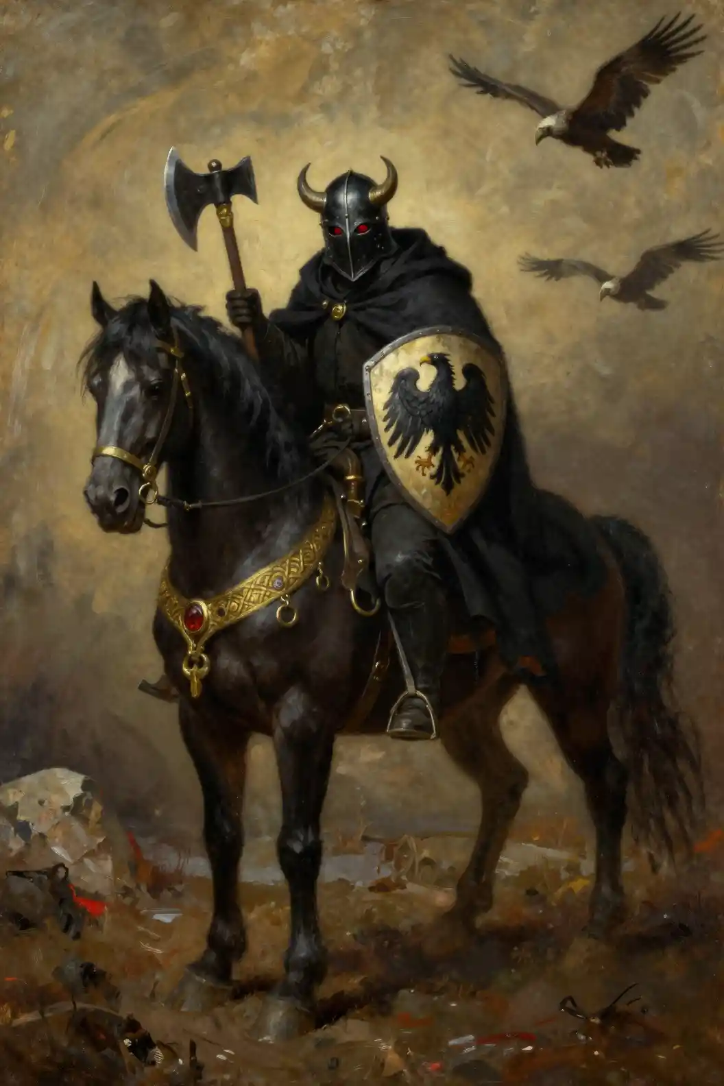 Chevalier sombre sans visage fusionné avec un cheval de guerre dans un ciel enfumé